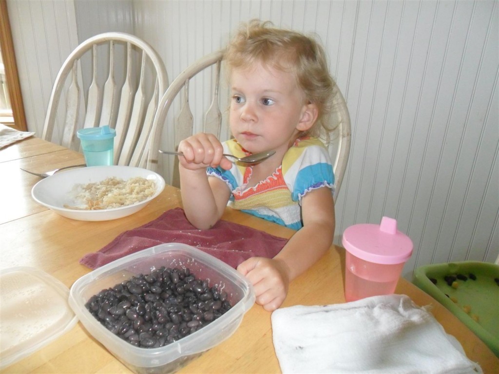 This little girl reminds me so much of Calvin in Calvin and Hobbes.  Not that it's related, but this is a picture of her eating plain, cold black beans instead of delicious Chicken Javanese.  