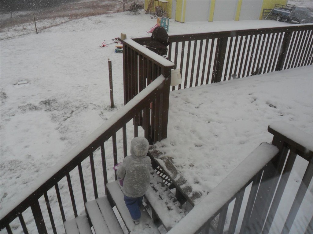 It's very cold outside (20F) and the snow is powdery and not packing... so the girls got buckets to collect the snow to make a "sand castle snowman"