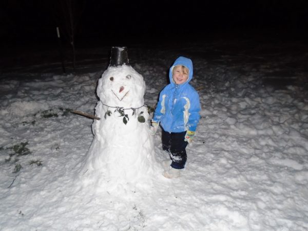 One night, Brian applied the necessary energy to make the powdered snow into a snowman. It was just a little warmer this night and it worked! Until the dogs ate the nose and chewed off his arms, poor fella.