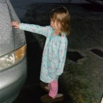 We had to go out before the sun rose to enjoy the dusting of snow! Love her in Papa's slippers!!!