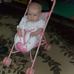 Carolyn spent a good 30 minutes in her bumbo seat. Oh wait, I don't have a bumbo. Dolly stroller, then!